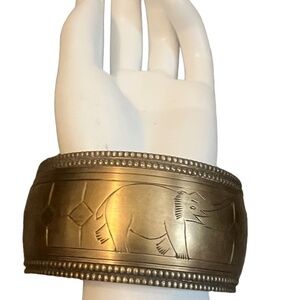 Boho Carved Brass Bracelet Carved Elephant Ethnic Primitive Stylized Boho Africa